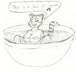  anthro bowl breasts cum cum_bath dialog english_text fangs feline female fur looking_at_viewer mammal nipples open_mouth plain_background rheumatism sitting smile solo stripes text tiger white_background 