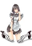  apron black_hair blush breasts brown_eyes dress full_body hand_to_head high_heels kneeling large_breasts looking_at_viewer muffin_(sirumeria) original short_hair_with_long_locks simple_background solo striped striped_legwear thighhighs uniform white_background 