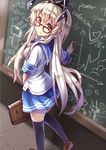  alternate_costume bad_id bad_pixiv_id bag blonde_hair blue_skirt bow brown_eyes earrings glasses hair_bow jewelry kamisa kantai_collection long_hair looking_at_viewer school_bag school_uniform shimakaze_(kantai_collection) shirt shoes short_sleeves skirt smile socks solo thighhighs white_shirt 