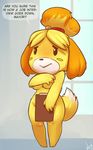  2014 ? animal_crossing anthro atryl barefoot breasts canine clipboard convenient_censorship covering cute dog english_text female fur happy hi_res isabelle_(animal_crossing) mammal nintendo nude open_mouth question smile solo standing text video_games 