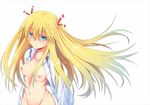  blonde_hair blue_eyes blush breasts coupe50 expressionless genshiken hair_ribbon highres long_hair looking_at_viewer medium_breasts navel nipples open_clothes open_shirt ribbon shirt simple_background solo susanna_hopkins white_background 