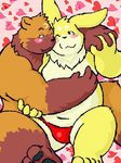  ambiguous_gender anthro armadirou blush brown_fur chubby clothed clothing cuddling duo embrace fur hand_holding hindpaw kemono lagomorph mammal moon navel nude one_eye_closed pawpads paws smile tanuki teeth wink yellow_fur 