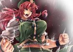  blue_eyes braid breasts clenched_hands hat hong_meiling kinntarou large_breasts long_hair navel open_mouth red_hair ribbon solo star touhou twin_braids upper_body wristband 