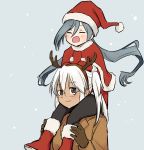  2girls ahoge animal_costume antlers capelet carrying christmas gloves grey_hair hat kantai_collection kiyoshimo_(kantai_collection) low_twintails merry_christmas multiple_girls musashi_(kantai_collection) reindeer_costume santa_costume santa_hat shoulder_carry snow spica1476 twintails 