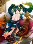  blue_eyes breasts cleavage detached_sleeves dress instrument large_breasts league_of_legends low_neckline picture_frame sitting sona_buvelle twintails waterring yokozuwari 