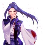  assassin_(fate/stay_night) blood blood_on_face blue_hair fate/stay_night fate_(series) highres japanese_clothes long_hair male_focus ponytail rizen_(rijernitz) solo 