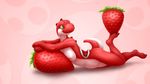  2014 anthro breasts claws dinosaur female green_eyes hindpaw looking_back lying mario_bros navel nintendo nipples nude on_stomach paws red_skin scalie smile solo strawberry thighs vader-san video_games wallpaper white_skin widescreen yoshi 