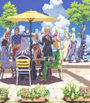  bag belt black_hair blonde_hair blue_eyes blue_sky boots braid bruno_buccellati bug chair chocolate_sable choker cloud day flower_pot formaggio ghiaccio giorno_giovanna glasses guido_mista hat headband illuso insect jojo_no_kimyou_na_bouken juice ladybug leone_abbacchio long_hair melone midriff multiple_boys narancia_ghirga necktie pannacotta_fugo pants parasol pesci prosciutto risotto_nero short_hair sitting sky striped striped_pants summer tray tree umbrella walking white_hair 