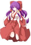  bare_shoulders bell breasts cleavage hair_tubes hakama hakurei_reimu hakurei_reimu_(pc-98) highres japanese_clothes jingle_bell kimono large_breasts looking_at_viewer miko pelvic_curtain purple_eyes purple_hair red_hakama ribbon senbon_tsuki simple_background smile solo touhou touhou_(pc-98) white_background 