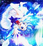  barefoot blue_dress blue_eyes blue_hair bow cirno daiso dress hair_bow hair_ribbon ice ice_wings open_mouth ribbon smile solo touhou underwear upside-down wings 