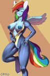  anthro anthrofied chrnos equine eyelashes female friendship_is_magic hair looking_at_viewer mammal multi-colored_hair my_little_pony nipples one_eye_closed pegasus rainbow_dash_(mlp) rainbow_hair skinsuit smile solo wings 