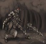  armor bone breasts canine fara_phoenix female fennec fox green_eyes greyscale loincloth mammal monochrome nintendo s-nina skull solo star_fox sword video_games weapon 