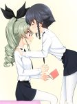  2girls anchovy anzio_school_uniform bangs belt black_belt black_neckwear black_ribbon black_skirt blush book commentary dress_shirt drill_hair dropping emblem eyebrows_visible_through_hair eyes_closed forehead_kiss from_side girls_und_panzer green_hair hair_ribbon hands_on_another&#039;s_shoulders hands_on_another's_shoulders highres kiss leaning_forward light_blue_hair long_hair long_sleeves miniskirt multiple_girls necktie pantyhose parted_lips pepperoni_(girls_und_panzer) pleated_skirt red_eyes ribbon ruka_(piyopiyopu) school_uniform shirt short_hair sitting skirt standing surprise_kiss surprised twin_drills twintails white_legwear white_shirt yellow_background yuri 