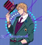  bad_boy blonde_hair bracelet caesar_anthonio_zeppeli corsage facial_mark formal green_eyes hat hat_removed headwear_removed holding holding_hat jewelry jojo_no_kimyou_na_bouken male_focus necktie red_stone_of_aja solo suit top_hat 