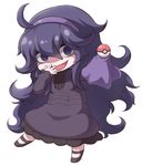  1girl chibi dress hairband headband hex_maniac_(pokemon) hips long_hair looking_at_viewer nintendo npc npc_trainer open_mouth pokemon pokemon_(game) pokemon_xy purple_eyes purple_hair smile solo tongue 