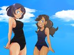  2girls bare_shoulders blue_eyes blue_hair blue_sky breasts brown_hair dark_skin ears happy hips long_hair matiere_(pokemon) multiple_girls nintendo one-piece_swimsuit open_mouth pokemon pokemon_(game) pokemon_xy short_hair sina_(pokemon) sky small_breasts smile swimsuit teeth tongue 