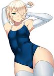  aqua_eyes armpits arms_up blonde_hair bridal_gauntlets cameltoe competition_school_swimsuit contrapposto covered_nipples elbow_gloves fingerless_gloves flat_chest gloves green_eyes hair_over_one_eye jpeg_artifacts looking_at_viewer one-piece_swimsuit original shiny shiny_clothes short_hair simple_background skin_tight solo standing swimsuit thighhighs toned white_background white_legwear zonda_(solid_air) 