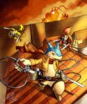  ampharos attack_on_titan charmeleon crossover dragonite group happy male nintendo pok&#233;mon pok&eacute;mon rikuaoshi rooftop scarf sword typhlosion video_games weapon 