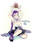  ancotaku blush breasts cake cleavage dress food full_body green_eyes happy_birthday large_breasts long_hair love_live! love_live!_school_idol_project mogyutto_&quot;love&quot;_de_sekkin_chuu! open_mouth purple_hair smile solo toujou_nozomi twintails white_background 