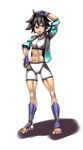  abs alternate_costume barefoot bike_shorts black_hair hand_on_hip hand_on_own_head jacket makoto_(street_fighter) open_clothes open_jacket shin_guards short_hair sleeves_rolled_up solo sports_bra standing street_fighter t03nemesis toes 