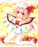  alternate_costume blonde_hair bow bow_panties censored covering covering_breasts daiso flandre_scarlet flat_chest hat jack-o'-lantern lace lace-trimmed_panties open_mouth panties red_eyes smile solo sparkle star topless touhou underwear underwear_only white_panties wing_censor wings 