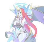  blue_skin breasts cleavage gloves green_eyes grin hera-is_(p&amp;d) hera_(p&amp;d) highres large_breasts long_hair nagisa_kurousagi puzzle_&amp;_dragons red_hair simple_background smile solo wings 