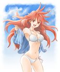  :d amou_kanade armpits ass_visible_through_thighs bad_id bad_pixiv_id bikini blush breasts cleavage front-tie_top jacket link_(aa30) long_hair navel open_mouth red_eyes red_hair senki_zesshou_symphogear side-tie_bikini smile solo swimsuit white_bikini 