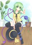 adapted_costume between_legs black_legwear casual collarbone east01_06 green_eyes green_hair hand_between_legs hat hat_removed hat_ribbon headwear_removed heart heart_of_string highres holding holding_hat komeiji_koishi long_hair looking_at_viewer no_shoes plant potted_plant ribbon shirt shorts sitting sleeveless sleeveless_shirt smile solo thighhighs third_eye touhou v 