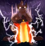  anthro chest_tuft cloud fire fur glowing glowing_eyes gripping growlchu growlithe hybrid lightning morhlis nintendo outside pok&#233;mon pok&eacute;mon raichu rain solo sword teeth tuft video_games weapon 