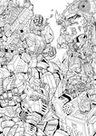  battle building bumblebee cannon character_request city cybertron decepticon emblem energy energy_gun flying greyscale grimlock highres kim_yura_(goddess_mechanic) lineart making_of mecha megatron metroplex monochrome no_humans optimus_prime robot shockwave_(transformers) soundwave starscream transformers ultra_magnus unicron weapon 