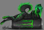  abstract_background breasts canine female green_hair hair looking_at_viewer lying mammal monster_energy nude on_front piercing plain_background solo vexstacy 