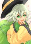  bow green_eyes green_hair hat hat_bow heart heart-shaped_pupils komeiji_koishi long_sleeves open_mouth short_hair smile solo symbol-shaped_pupils takupopn_player touhou 