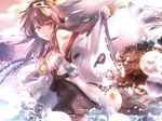  bare_shoulders brown_hair burnt_clothes detached_sleeves double_bun hair_ornament hairband headgear japanese_clothes kantai_collection kongou_(kantai_collection) long_hair nontraditional_miko open_mouth skirt solo thighhighs truth_(redeye19) 