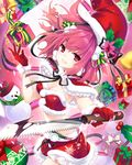  bell bow breasts character_request christmas cleavage crop_top e-nya gift gloves grin hat holding holding_weapon knife looking_at_viewer medium_breasts midriff moriah_saga pink_hair pom_pom_(clothes) red_eyes red_gloves red_skirt santa_costume santa_hat skirt smile smirk snowman solo weapon 