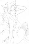  animal_ears breasts crossed_legs fox_ears fox_tail glasses highres long_hair looking_back monochrome multiple_tails nipples nude sitting small_breasts solo tail thighhighs umi_koromo 
