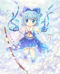  alternate_color blue_dress blue_eyes blue_hair bow cirno cosplay daiso dress flower hair_bow hair_ribbon hakurei_reimu hakurei_reimu_(cosplay) ice ice_wings petals ribbon smile solo touhou white_sleeves wings 