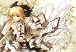  ahoge armor armored_dress artoria_pendragon_(all) bad_id bad_pixiv_id blonde_hair bow detached_sleeves dress fate/stay_night fate/unlimited_codes fate_(series) flower gauntlets green_eyes hair_bow hair_ribbon kazutake_hazano lily_(flower) long_hair ponytail ribbon saber saber_lily solo sword weapon 