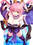  :d animal_ears armpits bare_shoulders bow breasts cleavage detached_sleeves fate/extra fate_(series) fox_ears fox_shadow_puppet fox_tail hair_bow hair_ribbon japanese_clothes large_breasts open_mouth pink_hair ribbon smile solo tail tamamo_(fate)_(all) tamamo_no_mae_(fate) thighhighs twintails yellow_eyes yude 