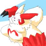  anthro armadirou black_nose chubby claws fluffy_tail frown fur fur_markings kemono looking_at_viewer nintendo overweight pok&#233;mon pok&eacute;mon pose simple_background solo teeth video_games white_fur zangoose 