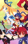  2girls antenna_hair aqua_eyes belt black_legwear blue_hair bracelet demon_girl demon_tail demon_wings detached_sleeves disgaea elbow_gloves etna fang flonne gloves hair_ribbon harada_takehito jewelry laharl long_hair looking_at_viewer midriff multiple_girls navel official_art open_mouth pointy_ears prinny red_eyes red_hair red_shorts ribbon scarf short_hair shorts tail thighhighs twintails wings 