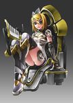  alternate_costume blonde_hair boots breasts chair commentary cyborg elbow_gloves full_body gloves hair_ornament hairclip highres instrument kagamine_rin keyboard_(instrument) knees_up legs_together leotard mecha_musume paolo_antonio_aguasin short_hair sitting small_breasts solo thigh_boots thighhighs vocaloid 