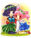  2girls back_bow bare_legs bishoujo_senshi_sailor_moon black_hair black_legwear blue_skirt blush bow chibi chibi_usa dated double_bun flower full_body green_skirt kneeling mugen_gakuen_school_uniform multiple_girls pantyhose pink_hair plaid plaid_skirt purple_eyes red_eyes ribbon sailor_collar sakurai_ruku school_uniform serafuku shoes short_hair skirt smile socks tomoe_hotaru white_sailor_collar 