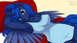  anthro anthrofied blue_body blue_eyes blue_hair breasts cleavage clothed clothing cutie_mark equine eyelashes eyeshadow female friendship_is_magic hair horn kloudmutt looking_at_viewer lying makeup mammal my_little_pony navel on_back princess_luna_(mlp) shirt solo winged_unicorn wings 