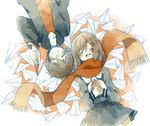  1girl brown_hair closed_eyes fringe_trim grin hair_ornament hairclip hazime kagerou_project kisaragi_shintarou long_hair lying paper_airplane red_scarf scarf school_uniform serafuku smile tateyama_ayano 