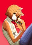  2017 absurd_res anthro breasts brown_fur brown_hair canine clothed clothing colored_nails dog eating female food fur gradient_background hair hi_res holding_food holding_object ishiduka007 kemono looking_at_viewer mammal pants sandwich_(food) simple_background solo sweater white_fur yellow_eyes 