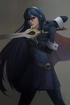  blue_eyes blue_hair cape falchion_(fire_emblem) fingerless_gloves fire_emblem fire_emblem:_kakusei gloves hair_between_eyes long_hair lucina sword very_long_hair weapon yagaminoue 