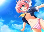  1girl 800x600 blue_eyes blush cloud clouds game_cg hatsushiba_ai looking_at_viewer navel nekoneko_soft no_bra open_mouth panties pink_hair school_uniform short_hair sky solo sorairo striped striped_panties underwear 