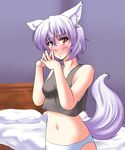  animal_ears blush breasts crop_top embarrassed groin highres inubashiri_momiji kouno_ibuki looking_at_viewer medium_breasts midriff navel panties red_eyes short_hair silver_hair solo standing tail tank_top touhou underwear underwear_only white_panties wolf_tail 