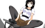  1girl ashisu_sahoto black_hair blush brown_eyes feet footjob long_hair mangaka-san_to_assistant-san mangaka-san_to_assistant-san_to no_shoes penis poncho_s shorts shy thighhighs 