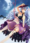  blue_eyes blue_hair breasts cleavage crescent_moon fan folding_fan ginsuna highres jewelry long_hair medium_breasts moon necklace original purple_skirt skirt smile solo thighhighs zettai_ryouiki 